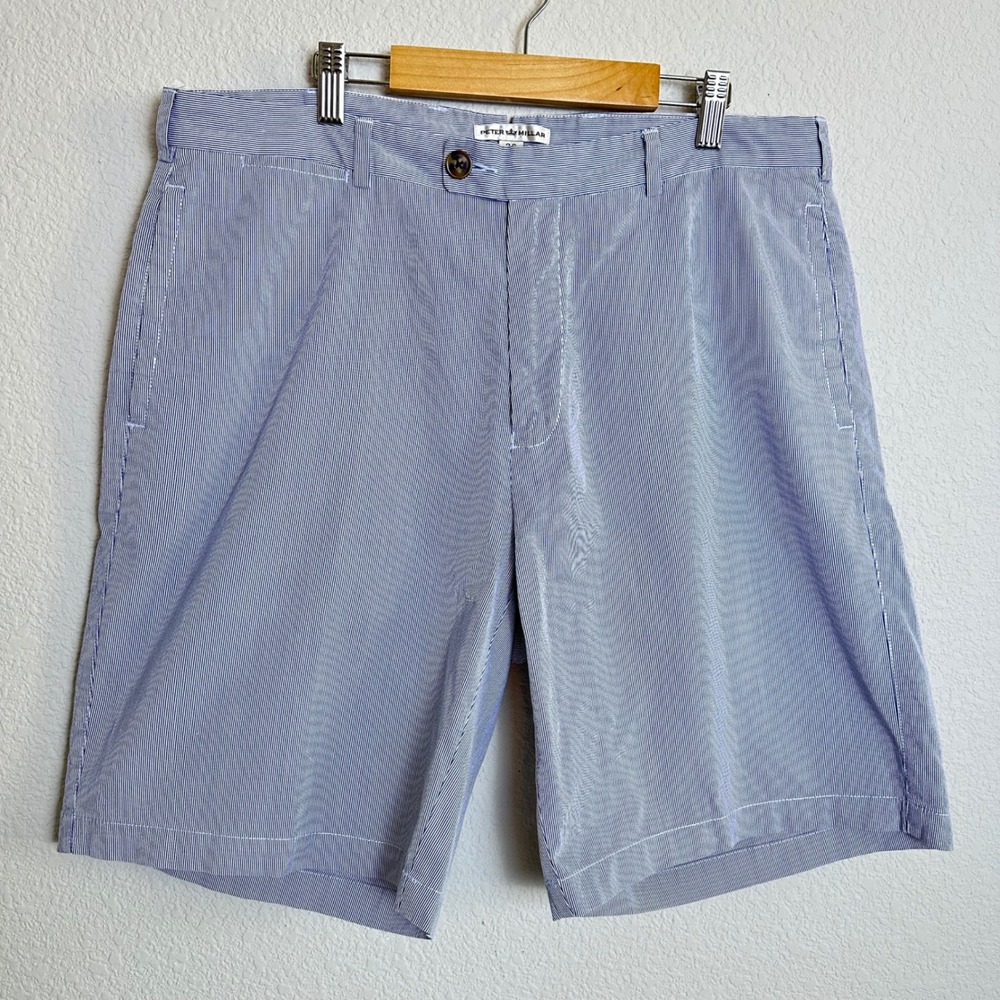 Peter Millar Mens Blue White Striped Flat Front Crown Comfort Shorts Size 35